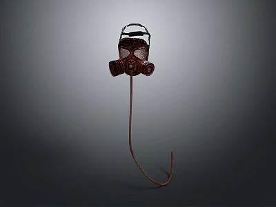 Vintage Brown Gas Mask Protective Gear Hanging on Metal Hook Gray Background 3d model