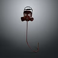 Vintage Brown Gas Mask Protective Gear Hanging on Metal Hook Gray Background