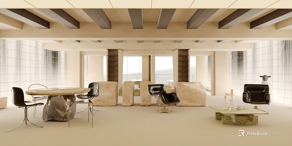 Modern Showroom Interior With Chairs Tables Beams And Large Windows 3d model 