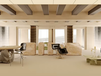 Modern Showroom Interior With Chairs Tables Beams And Large Windows 3d model