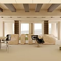 Modern Showroom Interior With Chairs Tables Beams And Large Windows 3d model