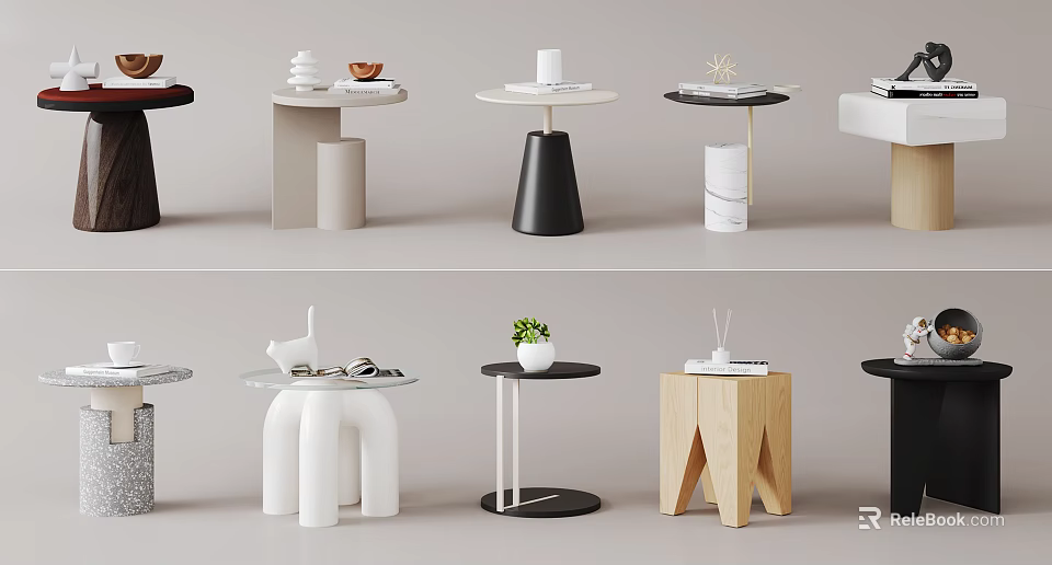Modern Stylish Side Tables With Various Geometric Bases Round Tops And Decorative Objects 3d model