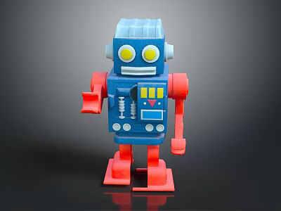 Blue And Red Plastic Robot Toy Figure With Yellow Eyes And Mechanical Details 3d model
