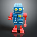 Blue And Red Plastic Robot Toy Figure With Yellow Eyes And Mechanical Details