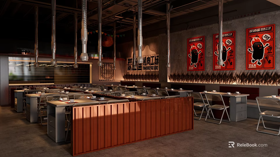 Industrial Style Restaurant Interior With Open Kitchen Dining Tables Chairs And Art 3d model 