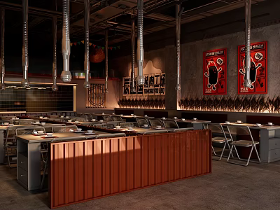 Industrial Style Restaurant Interior With Open Kitchen Dining Tables Chairs And Art 3d model
