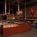 Industrial Style Restaurant Interior With Open Kitchen Dining Tables Chairs And Art
