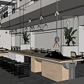 Modern Public Office Space With Long Wooden Table White Stools Green Plants And Pendant Lights