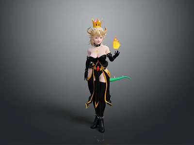 Fantasy Female Character with Golden Crown Black Outfit Green Tail and Flaming Hand 3d model