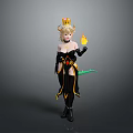 Fantasy Female Character with Golden Crown Black Outfit Green Tail and Flaming Hand