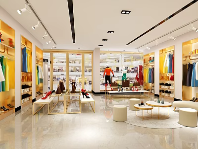 Bright Clothing Store Interior With Display Racks Clothes Shoes And Seating Area 3d model
