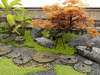 Japanese Garden Stepping Stones With Green Grass Rocks Maple Tree Bamboo Fence And Stone Lantern 3d model