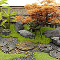 Japanese Garden Stepping Stones With Green Grass Rocks Maple Tree Bamboo Fence And Stone Lantern