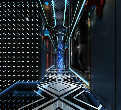 KTV Corridor With Illuminated Decorations Blue White Lighting Geometric Patterned Floor Black Walls White Dots 3d model