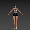 Short Haired Woman Wearing Black And White Checkered Camisole Black Shorts And Yellow Shoes