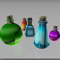 Colorful Glass Bottles In Various Shapes With Cork Stoppers On Dark Background