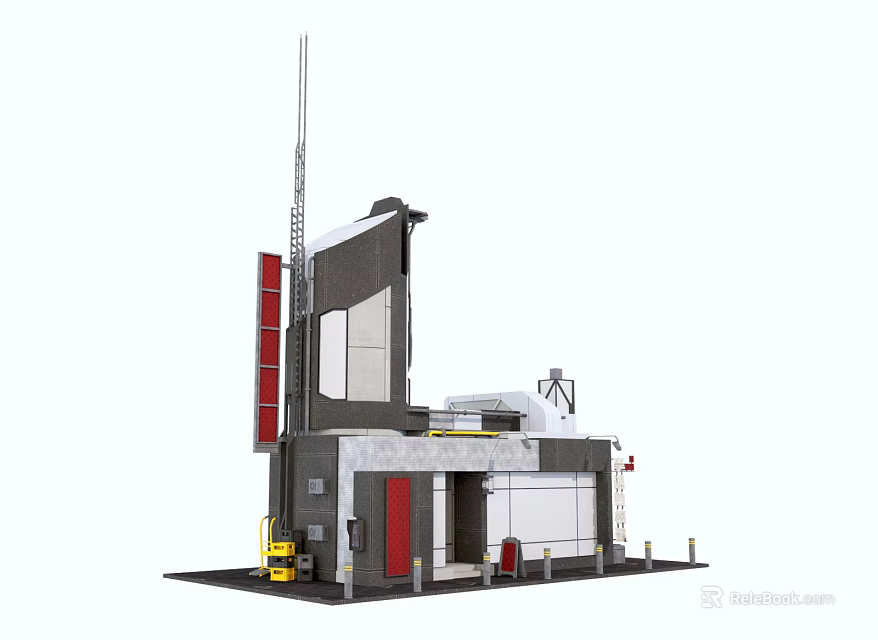 Cartoon Style Fire Station Building With Antenna Red Doors Ladder And Control Panel 3d model 