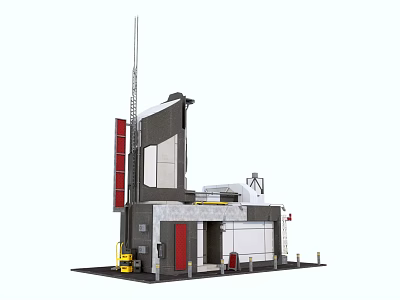 Cartoon Style Fire Station Building With Antenna Red Doors Ladder And Control Panel 3d model