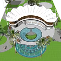 Modern Outdoor Garden Pavilion Design With Circular Water Fountain Palm Trees And Seating Areas