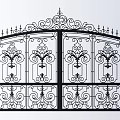 Wrought Iron Gate With Intricate Floral Designs Stone Pillars And Flanking Trees For Residential Entrance