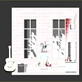 Kids Playroom Setup with Red Brick Wall Green Cabinet Orange Sofa Coffee Table and Guitar