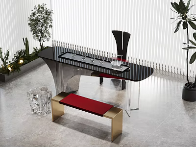 Modern Tea Table With Black Top Transparent Legs Black Chair Red Bench And Green Plants 3d model