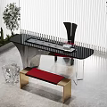 Modern Tea Table With Black Top Transparent Legs Black Chair Red Bench And Green Plants