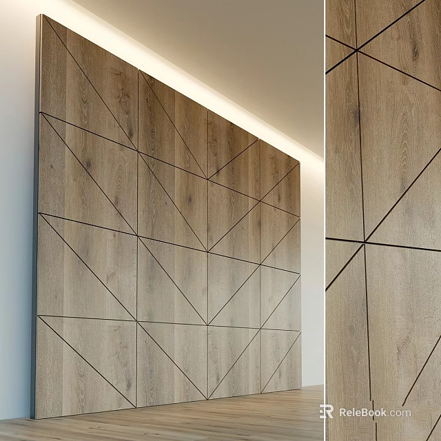 Modern Wooden Interior Wall with Geometric Triangular Patterns Black Lines and LED Strip Design 3d model