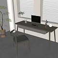 Modern Wooden Desk with Laptop Cup Stationery Clock and Chair by Window Blinds