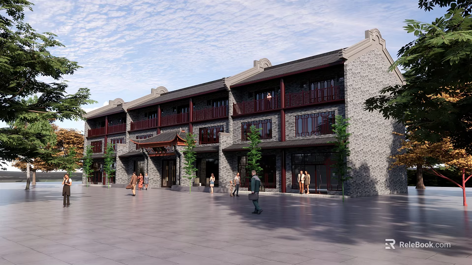 Traditional Style Commercial Complex With Grey Stone Facade Red Windows Plaza Area Pedestrians And Trees 3d model 