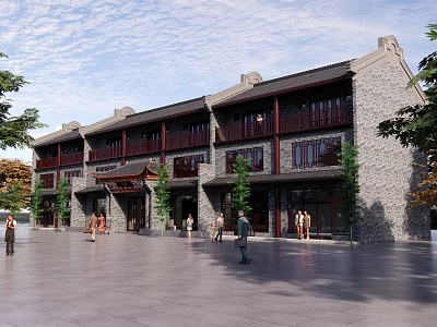 Traditional Style Commercial Complex With Grey Stone Facade Red Windows Plaza Area Pedestrians And Trees 3d model