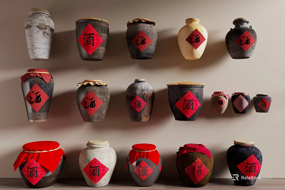 Traditional Ceramic Vessels With Various Colors And Fu Character Labels On Wall And Shelf 3d model 