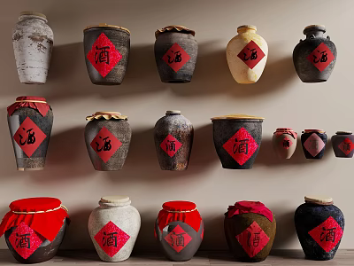 Traditional Ceramic Vessels With Various Colors And Fu Character Labels On Wall And Shelf 3d model