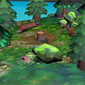 Colorful Cartoon Forest Scene With Green Trees Fallen Log Rocks Flowers And Mushrooms
