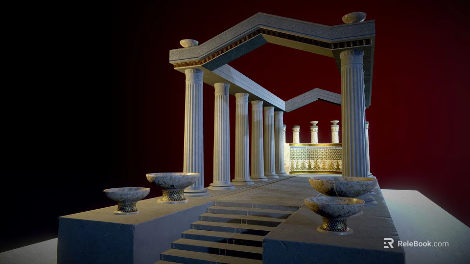 Ancient Greek Architectural Structure With Tall Columns Stone Basins And Steps 3d model 