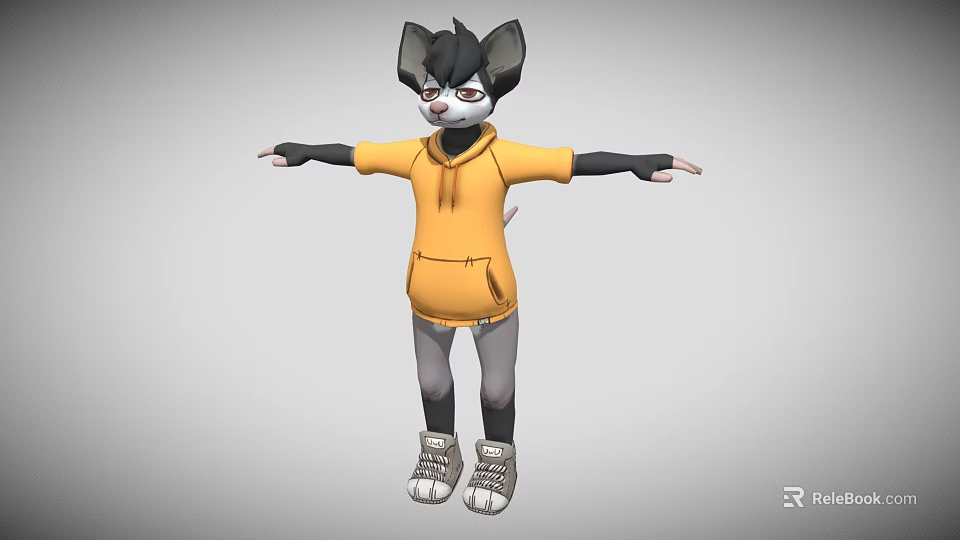3D Anthropomorphic Character With Black Ears Red Eyes Yellow Hoodie Gray Pants White Sneakers 3d model 
