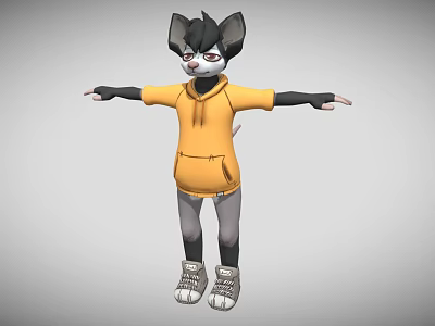 3D Anthropomorphic Character With Black Ears Red Eyes Yellow Hoodie Gray Pants White Sneakers 3d model