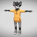 3D Anthropomorphic Character With Black Ears Red Eyes Yellow Hoodie Gray Pants White Sneakers