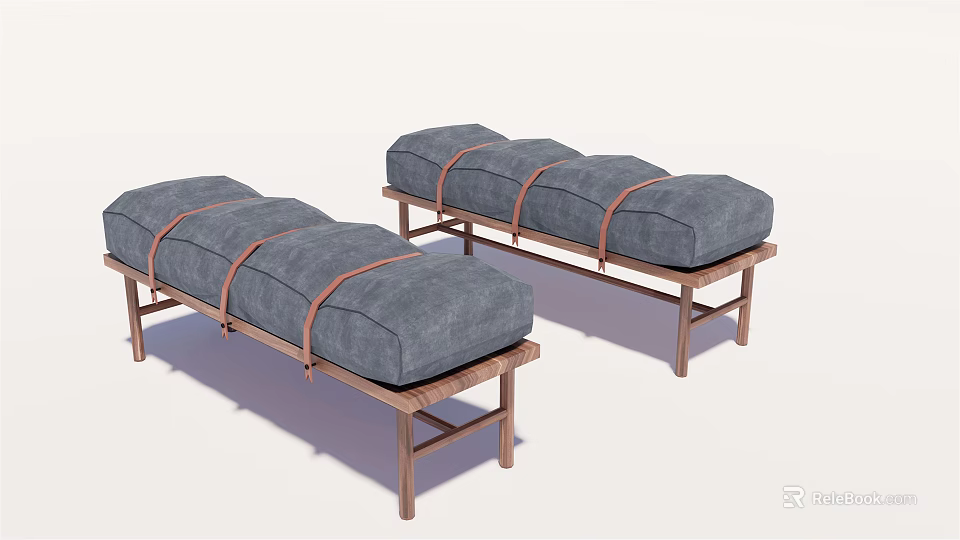 Modern Ottoman Benches With Gray Upholstery Brown Straps And Metal Legs 3d model 