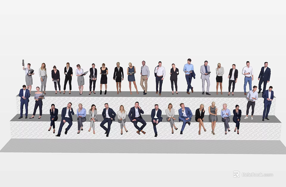 Group of Business People in Formal Attire with Various Standing and Sitting Poses 3d model 