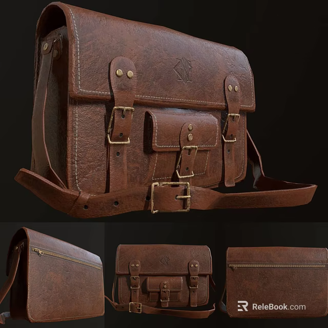 Brown Leather Satchel With Brass Buckles Leather Straps And Multiple Pockets 3d model 