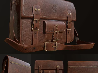 Brown Leather Satchel With Brass Buckles Leather Straps And Multiple Pockets 3d model