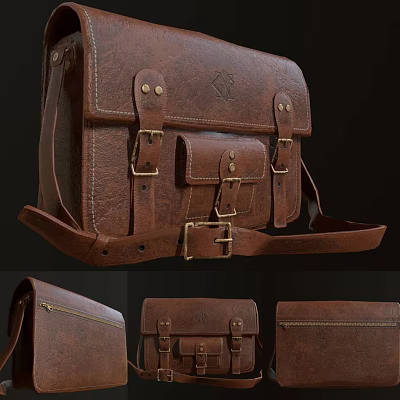 Brown Leather Satchel With Brass Buckles Leather Straps And Multiple Pockets 3d model