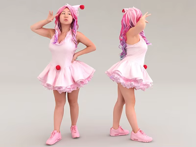 Woman With Pink Hair Wearing Pink Hat Red Accents Pink Dress Shoes In Different Poses 3d model