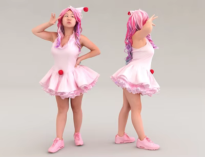 Woman With Pink Hair Wearing Pink Hat Red Accents Pink Dress Shoes In Different Poses 3d model