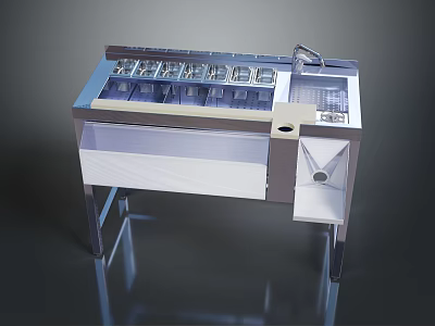 Stainless Steel Food Serving Station With Multiple Compartments And Storage Cabinet 3d model