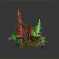 Game Fantasy Character 3D Model in Lush Grass with Pine Trees Mushrooms Stones and Vines
