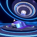 Futuristic Showroom Interior With Blue Circular Lighting And Covered Car On Platform
