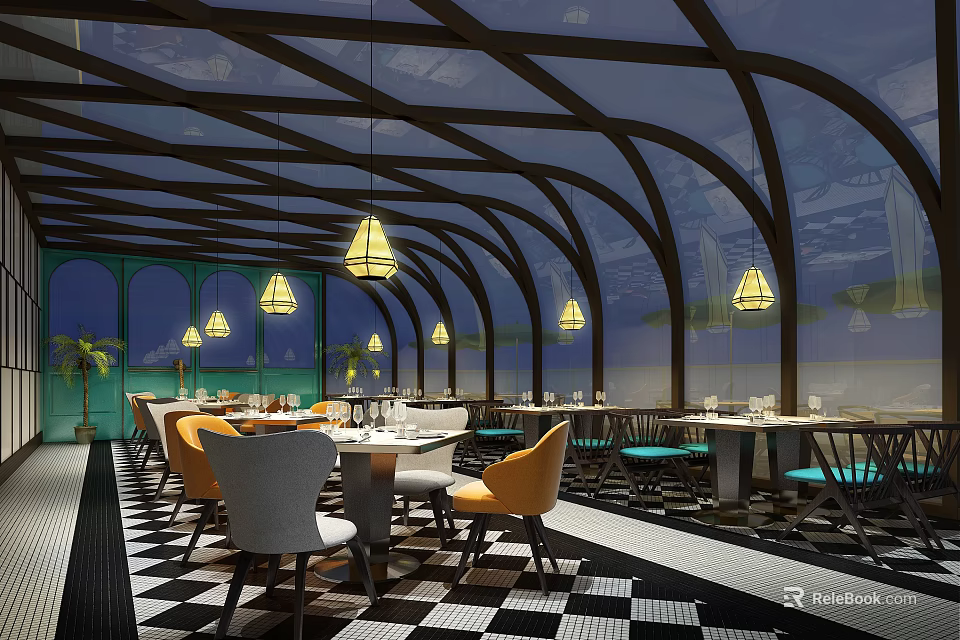 Modern Restaurant Interior With Yellow Pendant Lights Arched Ceiling And Checkered Floor 3d model 