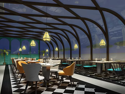 Modern Restaurant Interior With Yellow Pendant Lights Arched Ceiling And Checkered Floor 3d model
